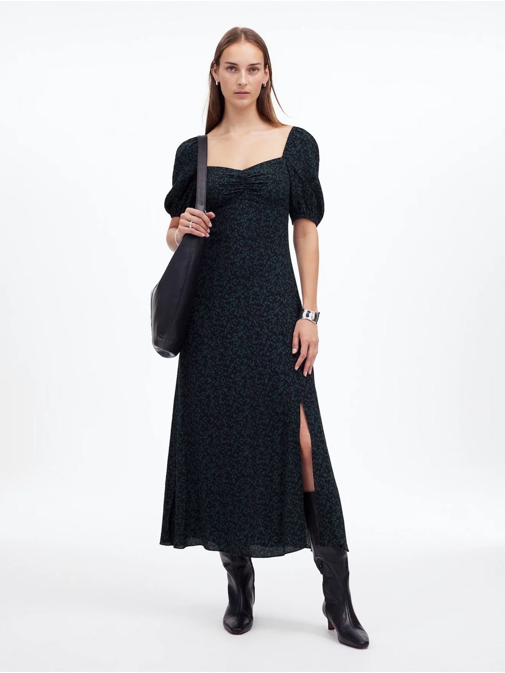 Madewell Dark Green Floral Square-Neck Maxi Dress with Puff Sleeves